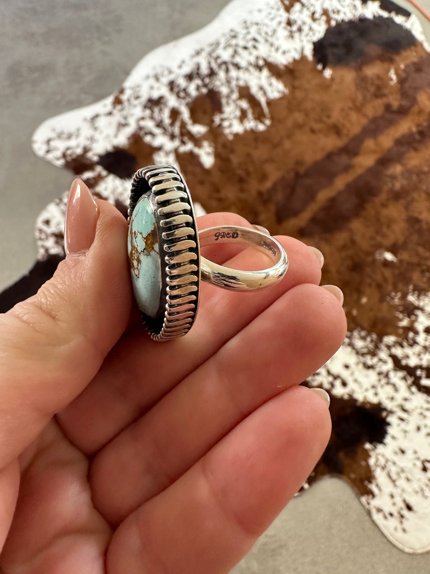 Beautiful Navajo Sterling Silver & Single Stone Golden Hills Turquoise Adjustable Ring Signed