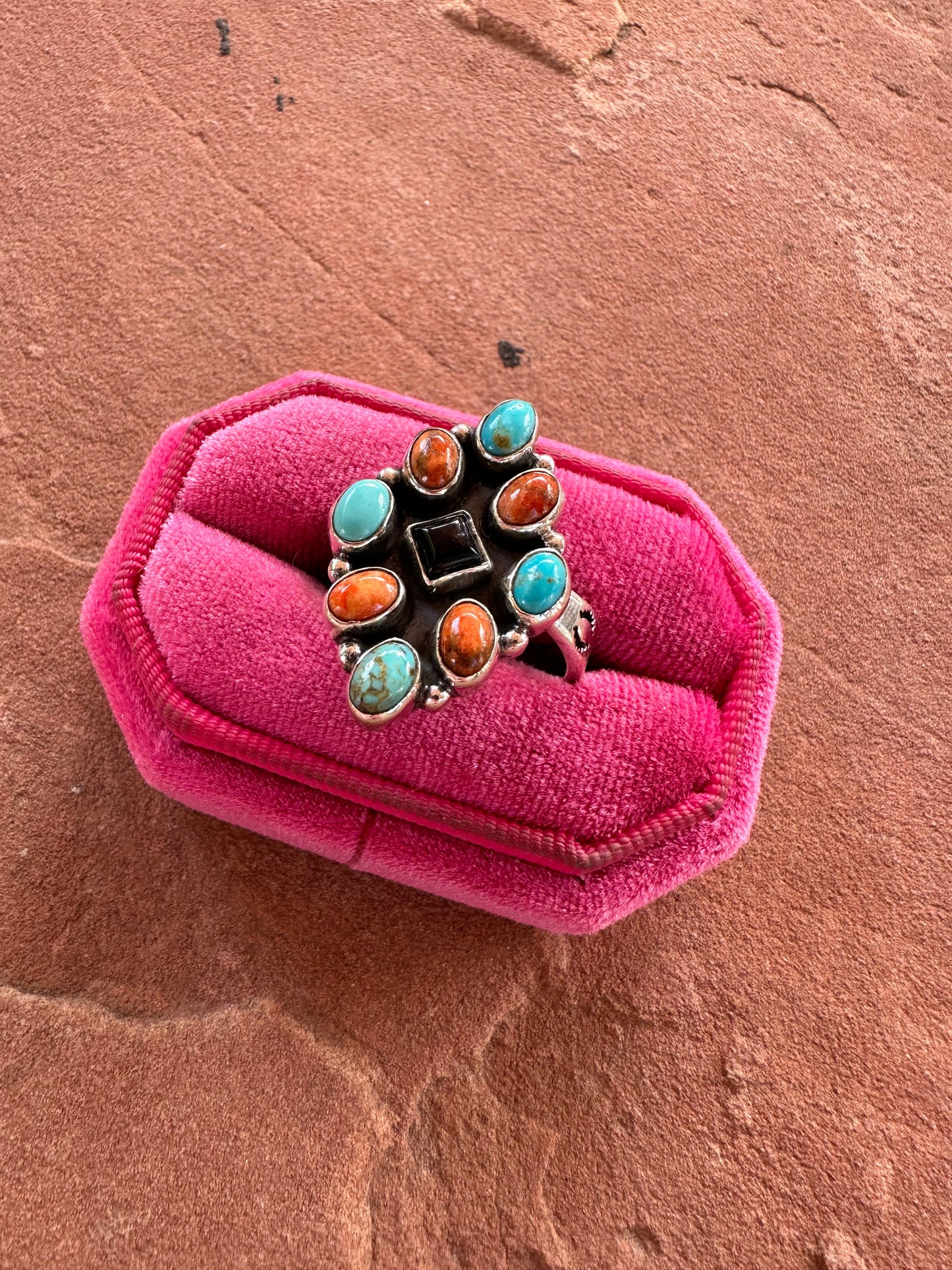 Beautiful Handmade Turquoise, Orange Mojave And Sterling Silver Adjustable Ring