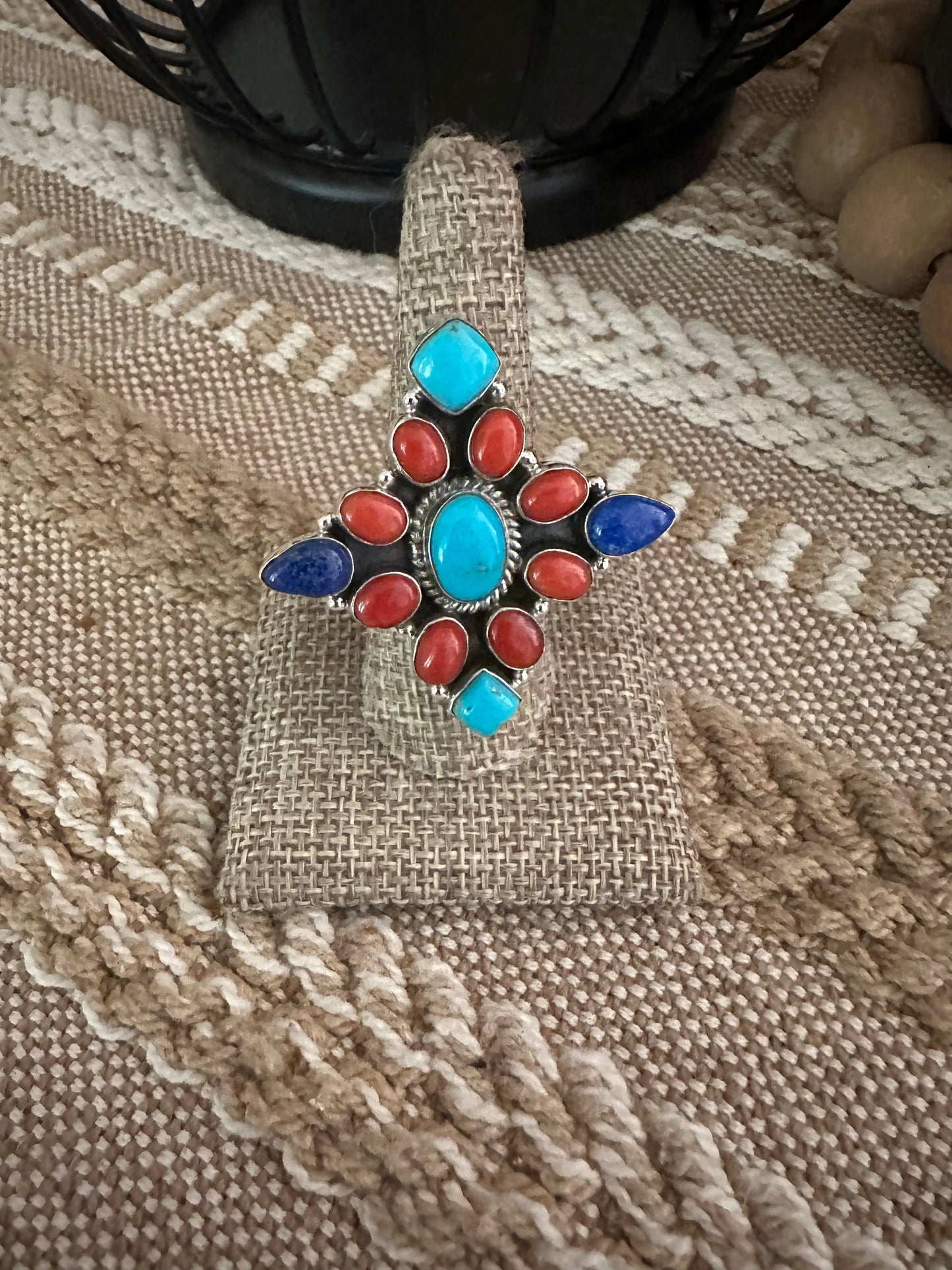 Beautiful Handmade Sterling Silver Lapis, Turquoise & Coral Adjustable Ring