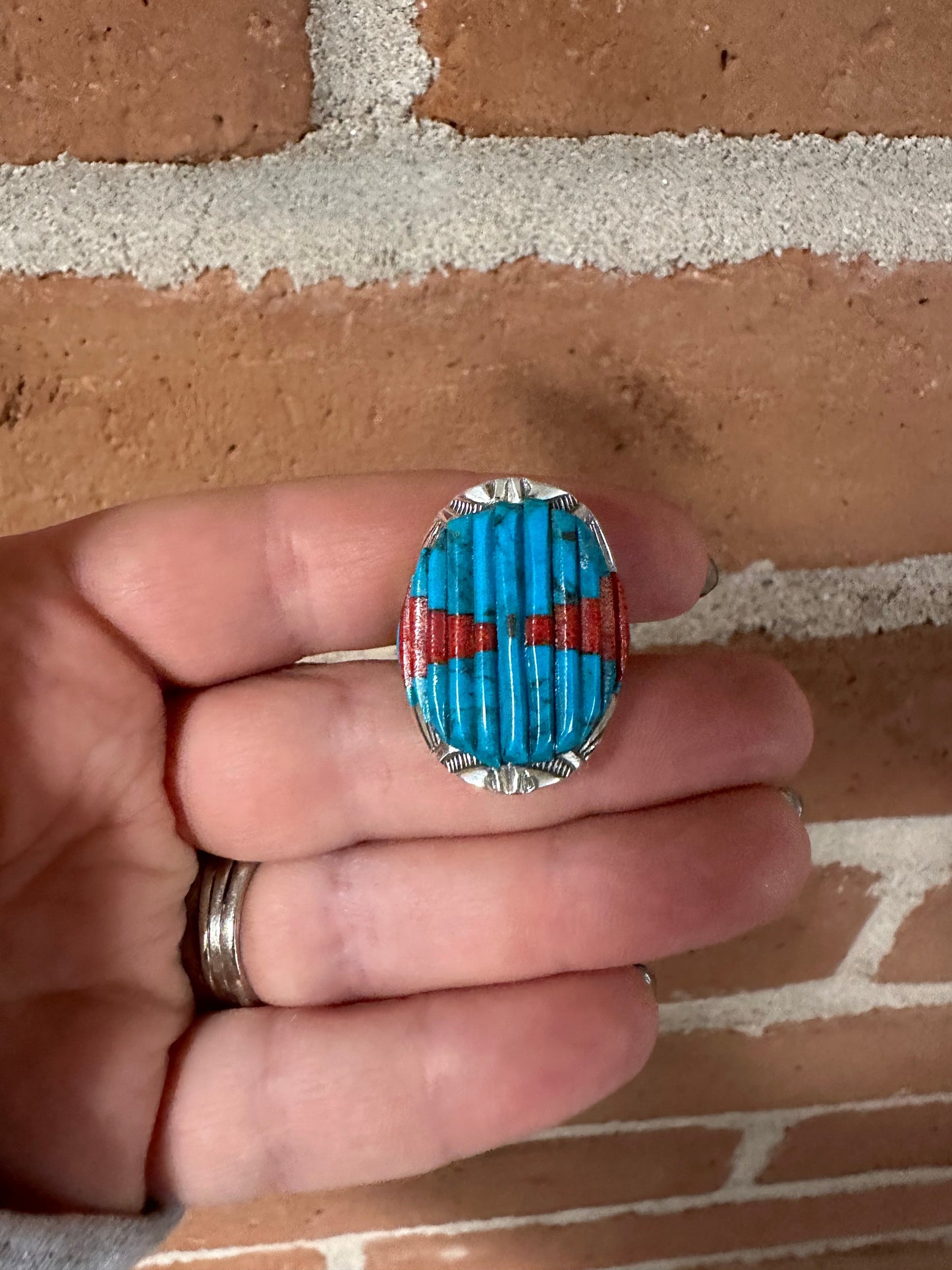 Beautiful Handmade Turquoise, Coral, And Sterling Silver Adjustable Ring Signed Nizhoni