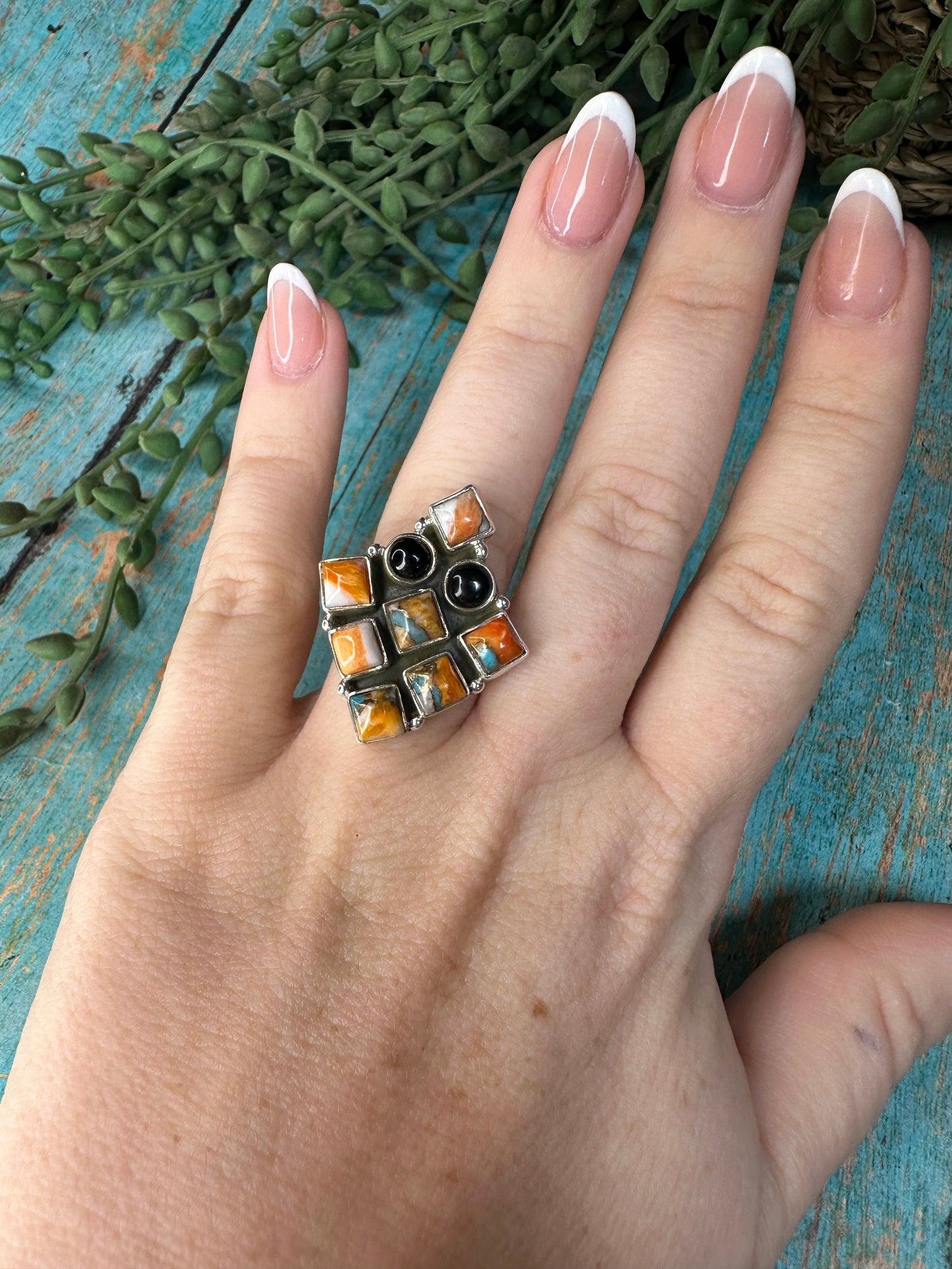 Beautiful Handmade Onyx, Spice And Sterling Silver Adjustable Cluster Ring 8