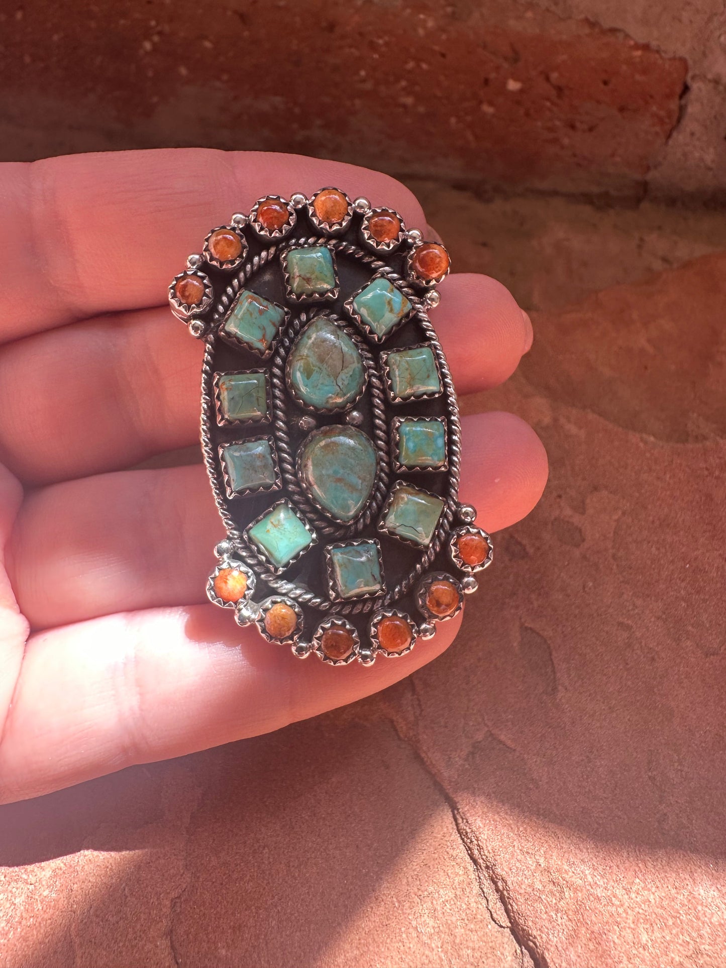 Beautiful Handmade Sterling Silver, Turquoise & Orange Mojave Adjustable Ring