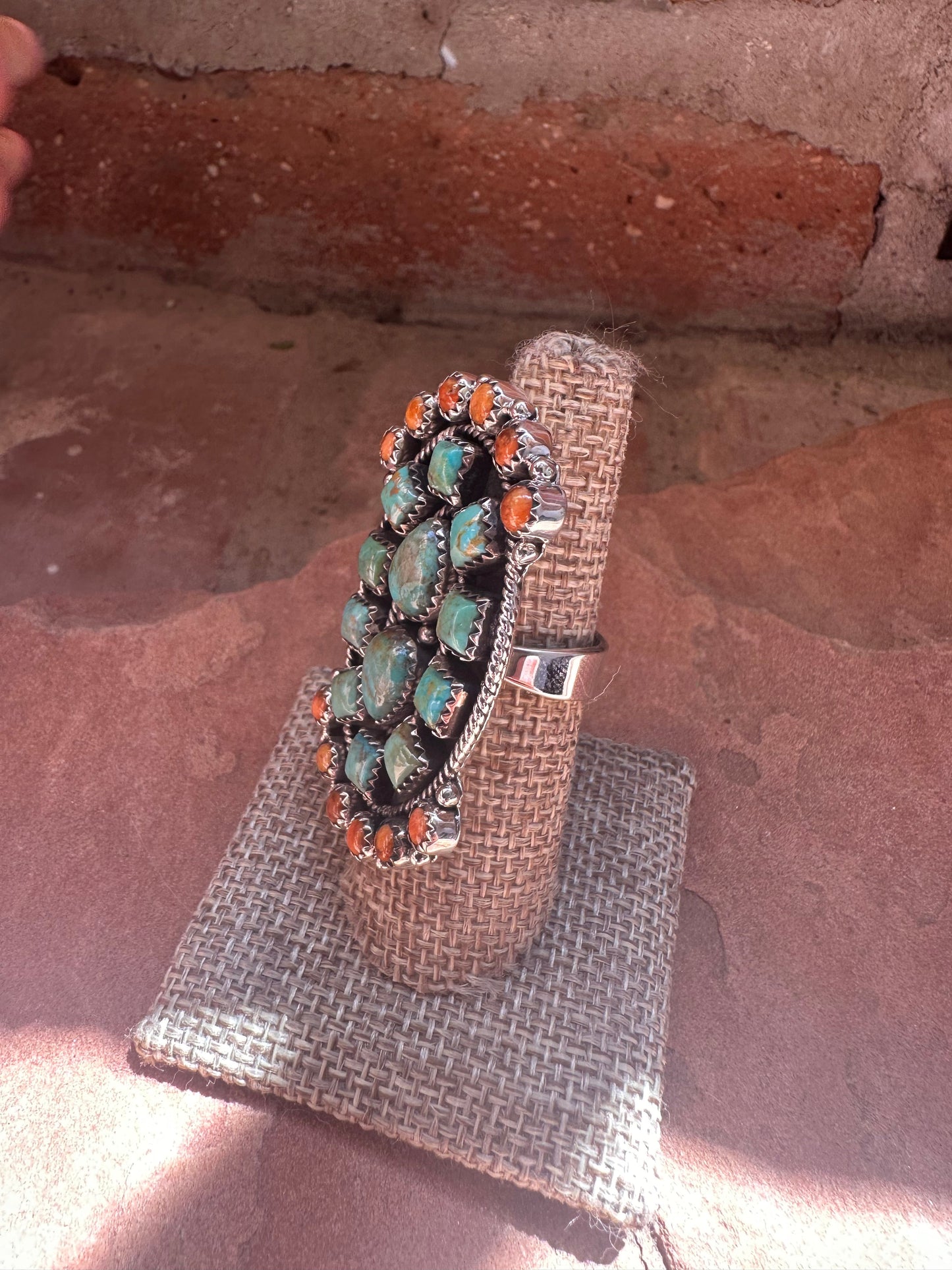 Beautiful Handmade Sterling Silver, Turquoise & Orange Mojave Adjustable Ring