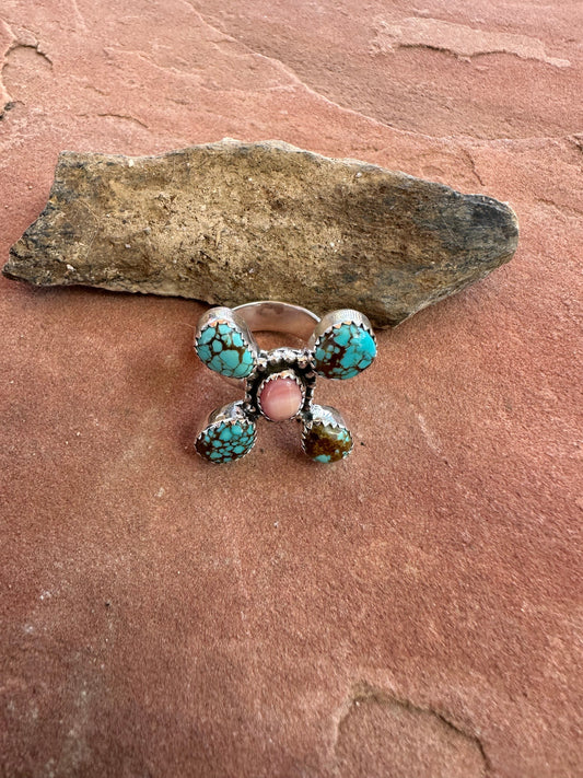 Beautiful Handmade Number 8 Turquoise, Pink Conch And Sterling Silver Adjustable Ring