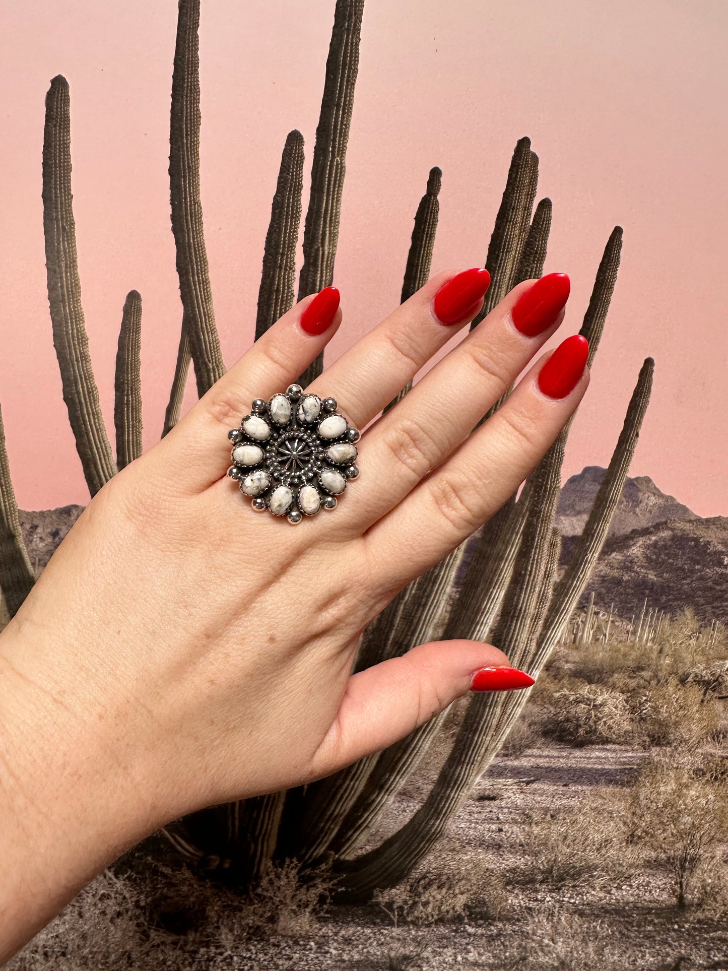 Beautiful Handmade White Buffalo And Sterling Silver Adjustable Cluster Ring