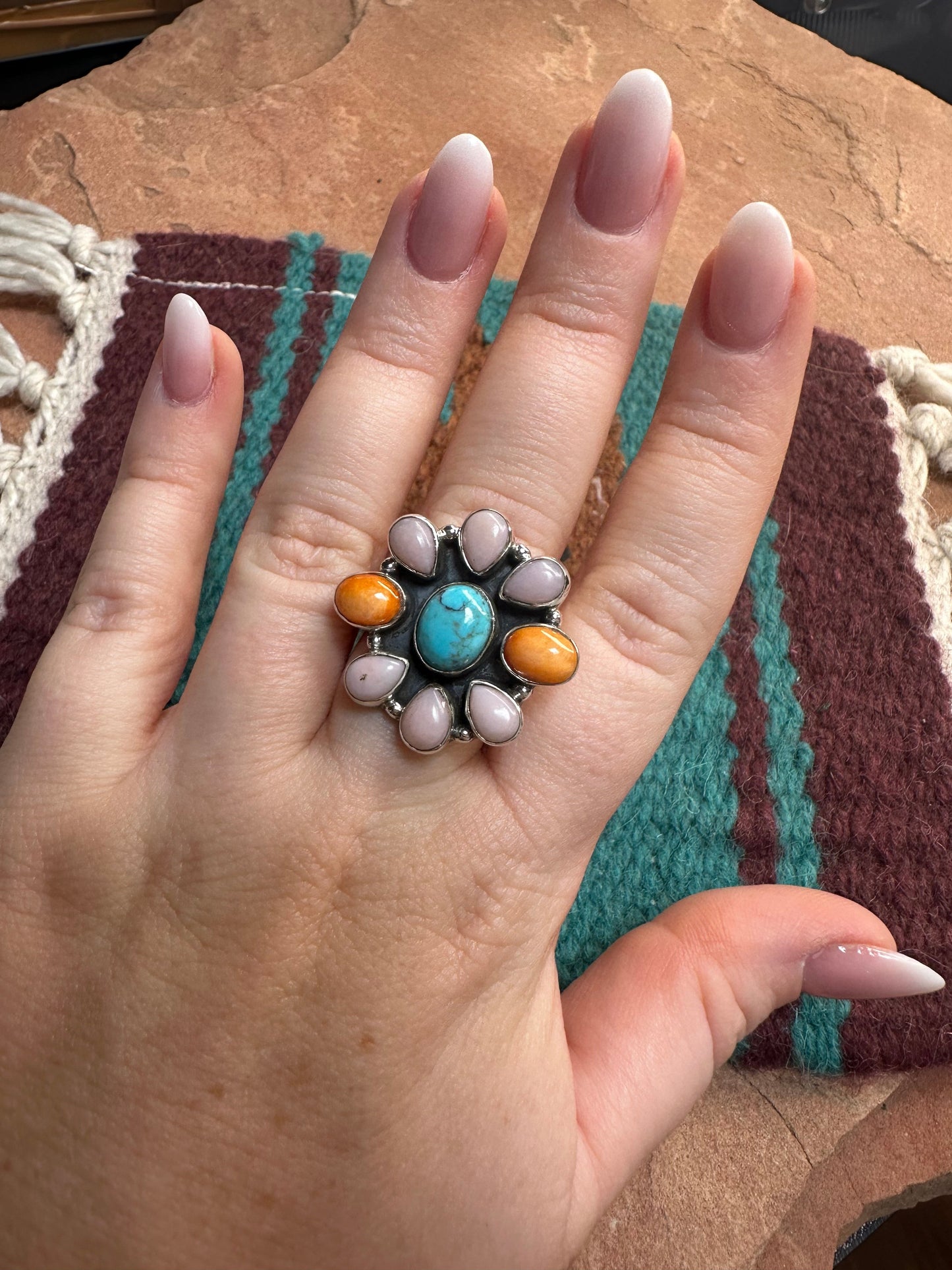 Beautiful Handmade Turquoise, Pink Conch, Orange Spiny And Sterling Silver Adjustable Ring