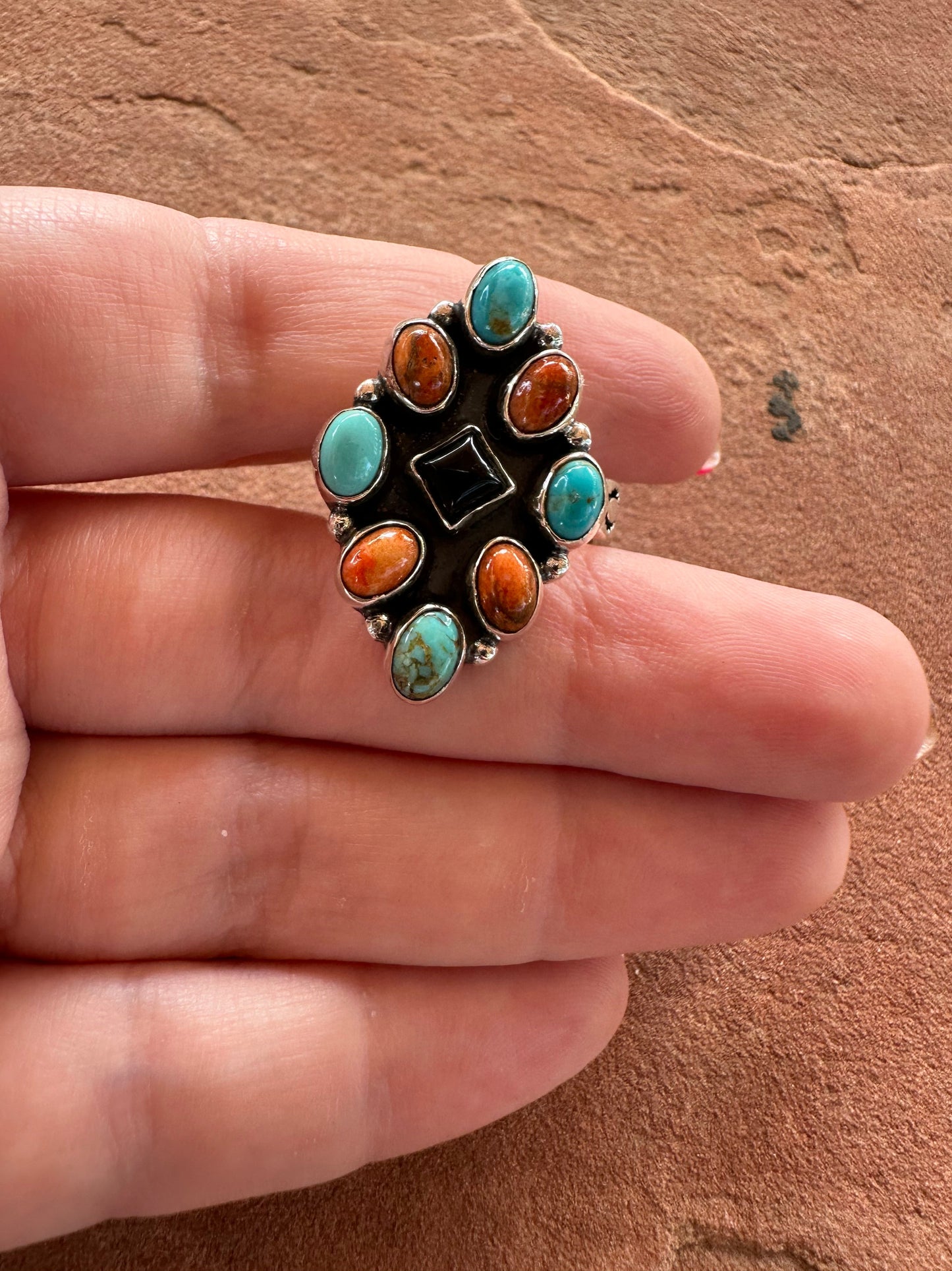 Beautiful Handmade Turquoise, Orange Mojave And Sterling Silver Adjustable Ring