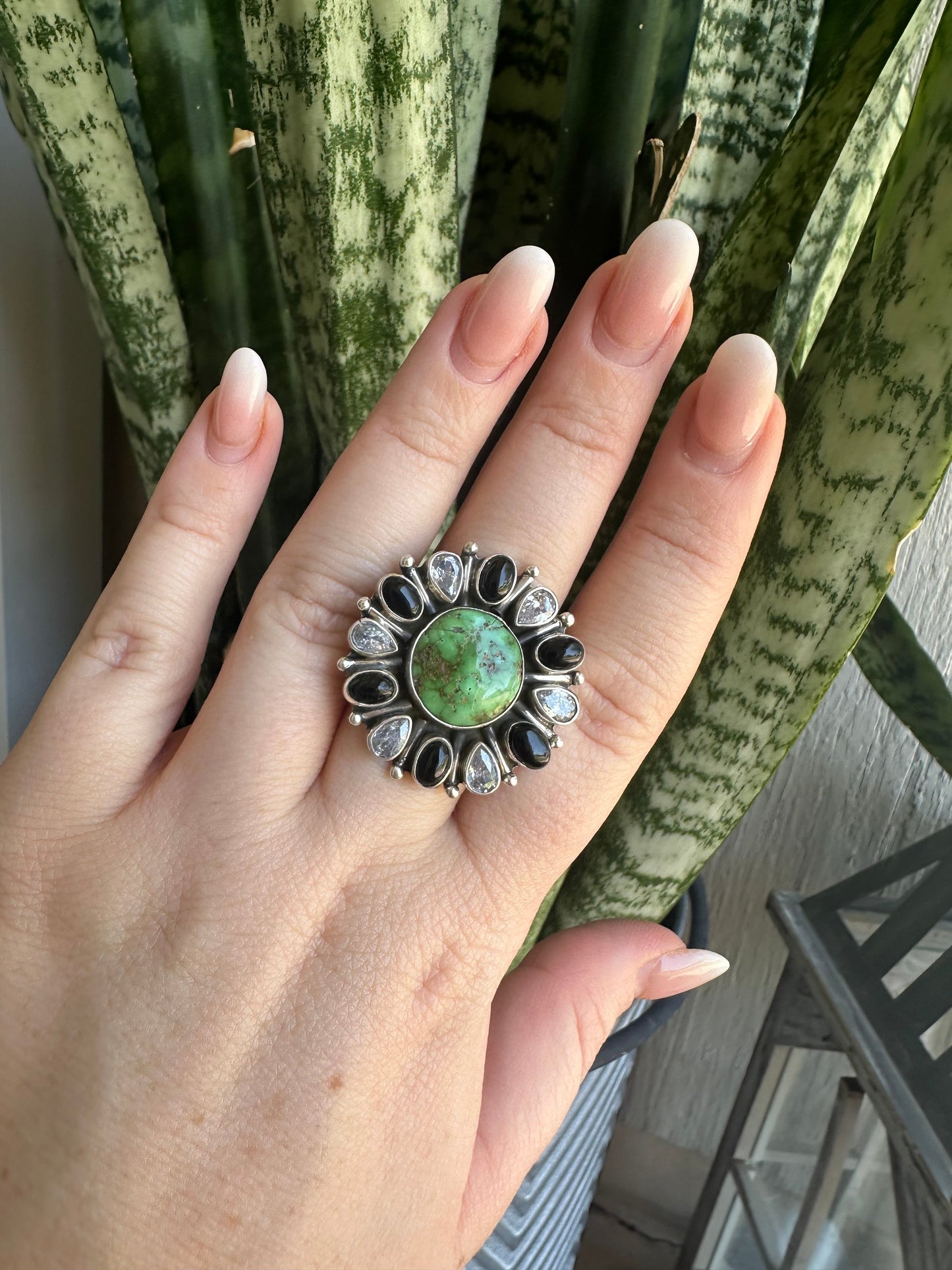 Beautiful Handmade Sonoran Mountain Turquoise, Onyx, CZ And Sterling Silver Adjustable Ring