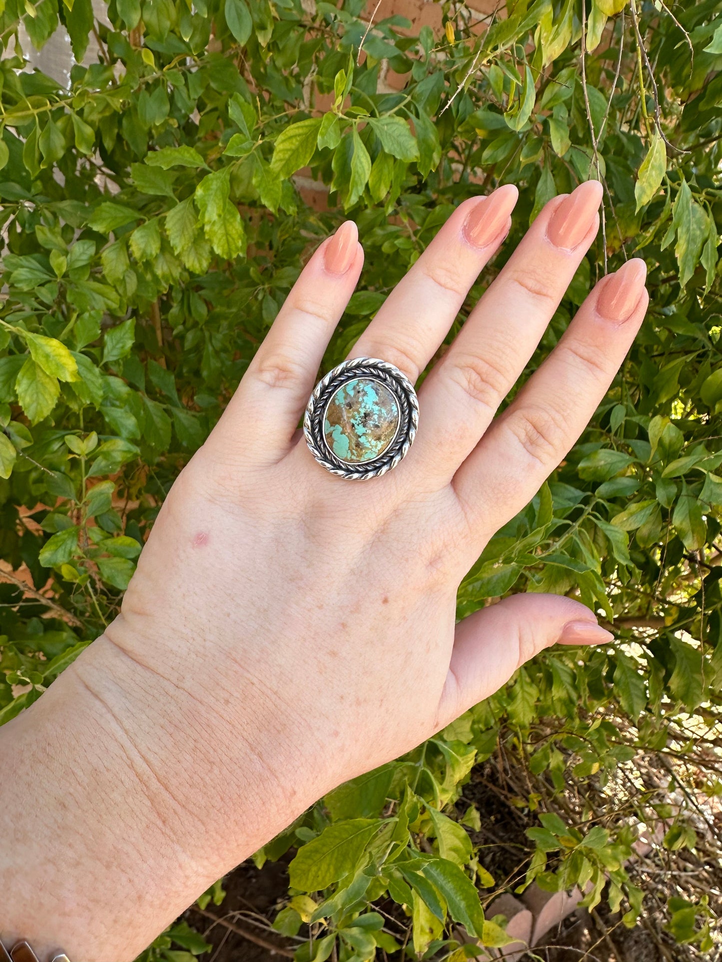 Beautiful Navajo Sterling Silver & Single Stone Turquoise Adjustable Ring CIRCLE STYLE Signed