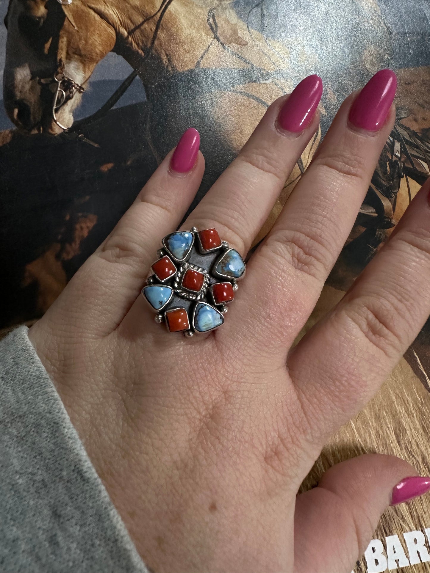 Beautiful Handmade Sterling Silver, Golden Hills Turquoise & Coral Adjustable Ring