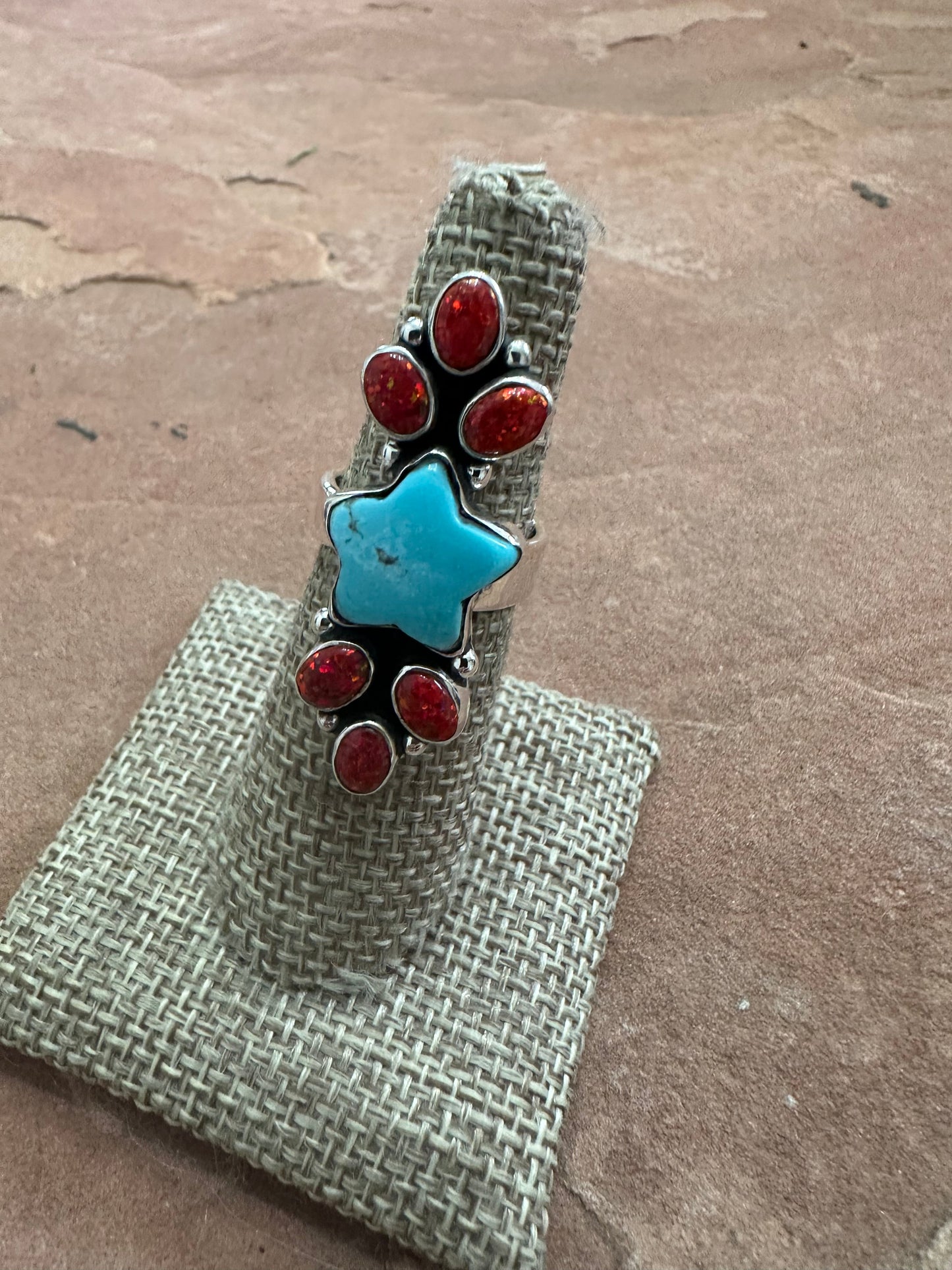 Beautiful Handmade Turquoise, Red Fire Opal And Sterling Silver Adjustable Star Ring