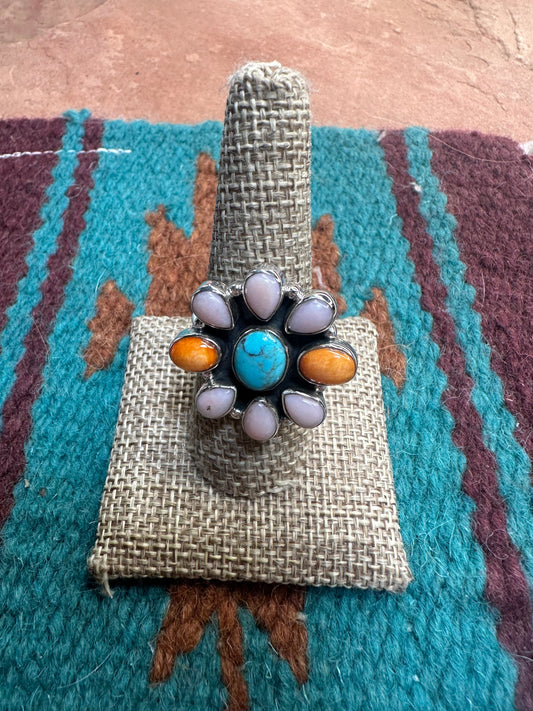 Beautiful Handmade Turquoise, Pink Conch, Orange Spiny And Sterling Silver Adjustable Ring