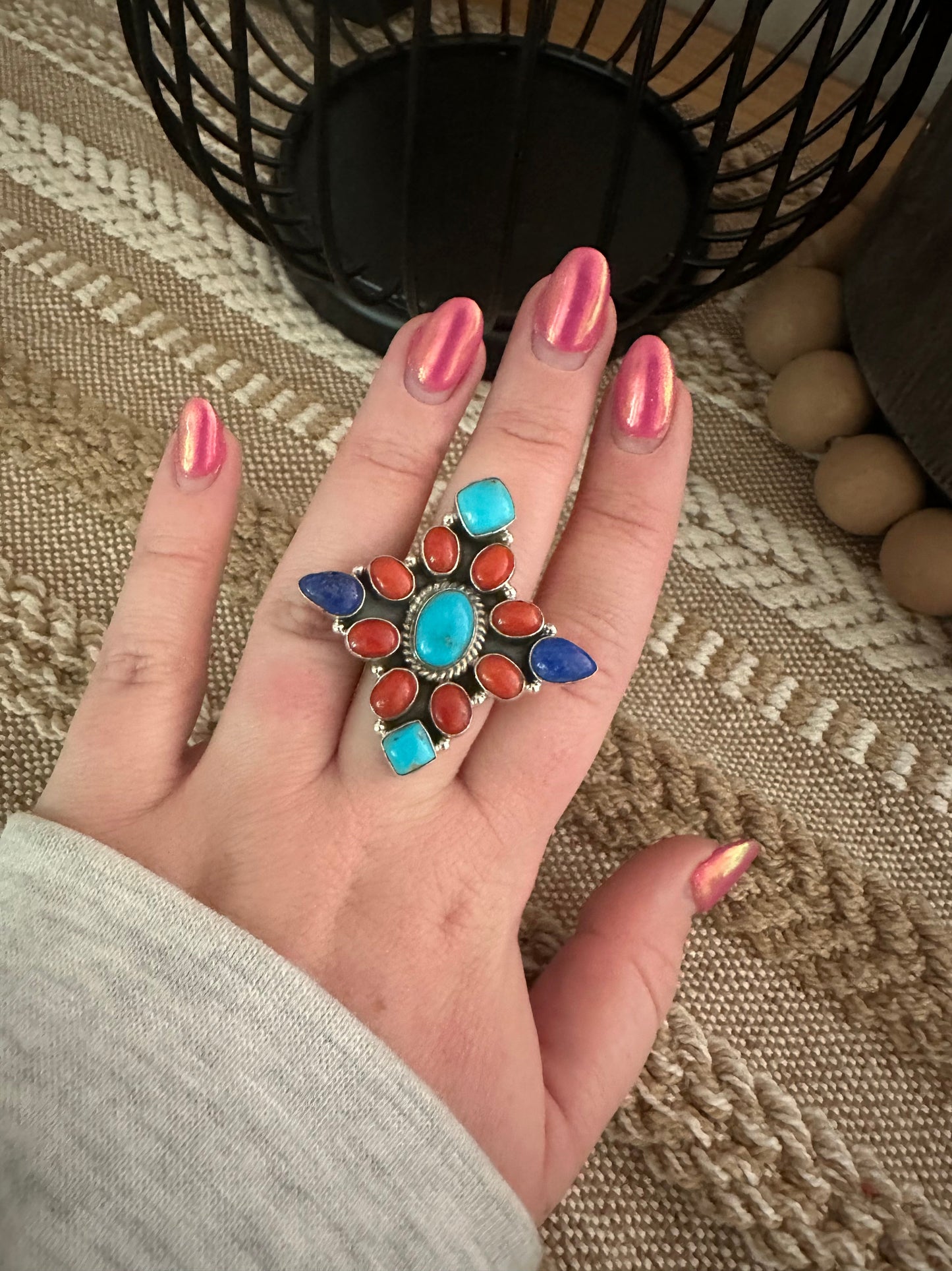 Beautiful Handmade Sterling Silver Lapis, Turquoise & Coral Adjustable Ring