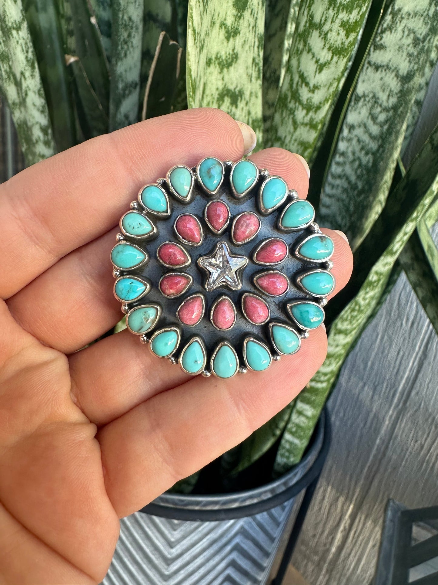 Beautiful Handmade Rhodonite, Turquoise, Cz And Sterling Silver Adjustable Star Ring