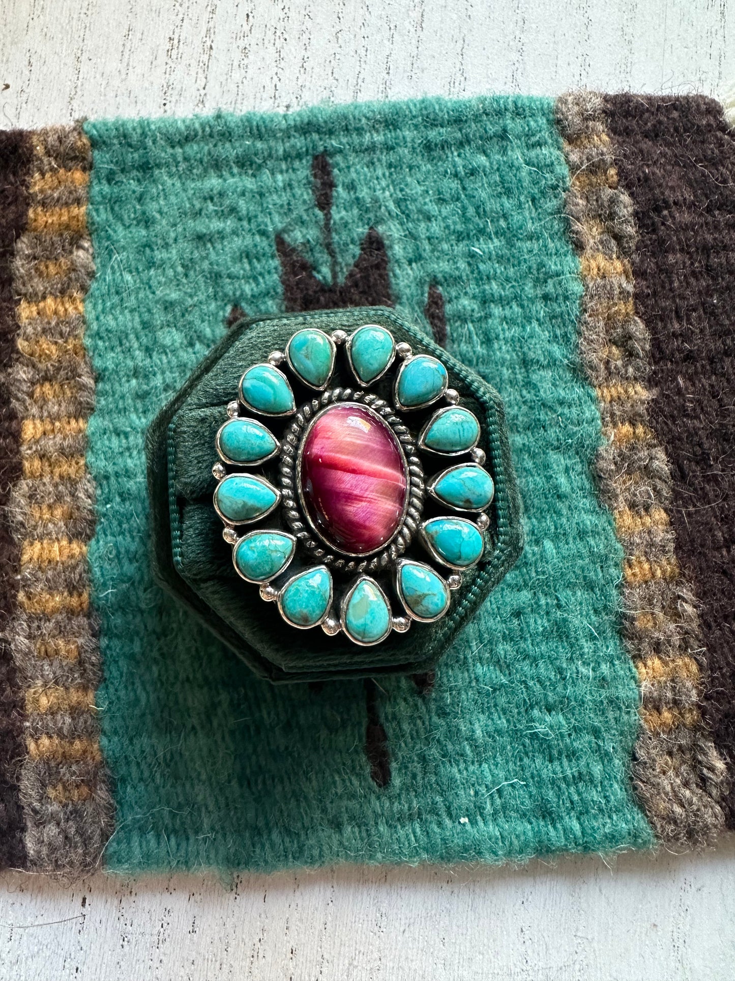 Beautiful Handmade Turquoise, Pink Tigers Eye And Sterling Silver Adjustable Ring Signed Nizhoni