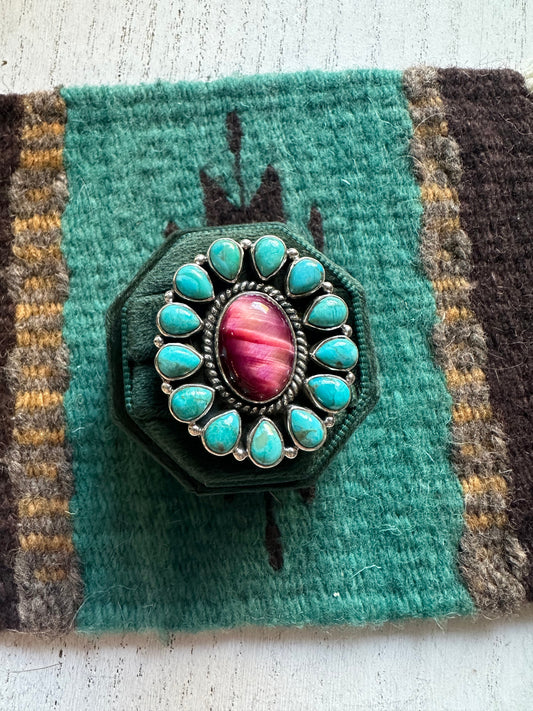 Beautiful Handmade Turquoise, Pink Tigers Eye And Sterling Silver Adjustable Ring Signed Nizhoni