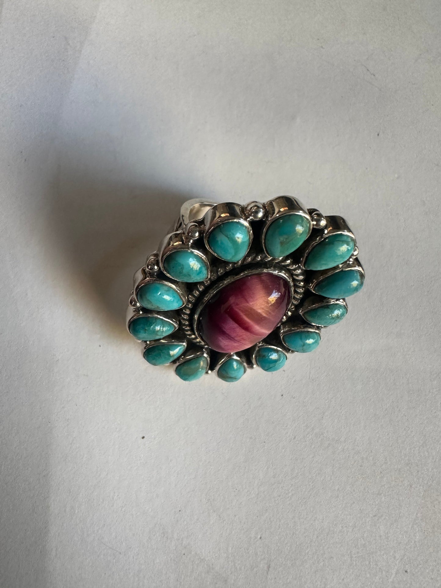 Beautiful Handmade Turquoise, Pink Tigers Eye And Sterling Silver Adjustable Ring Signed Nizhoni