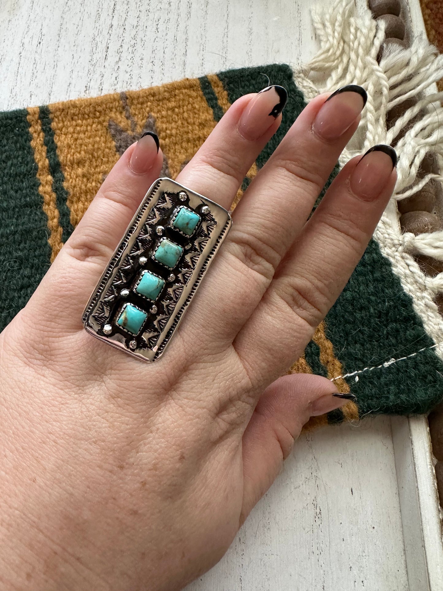 Cassidy Collection Handmade Turquoise And Sterling Silver Adjustable Square 4 Stone Ring