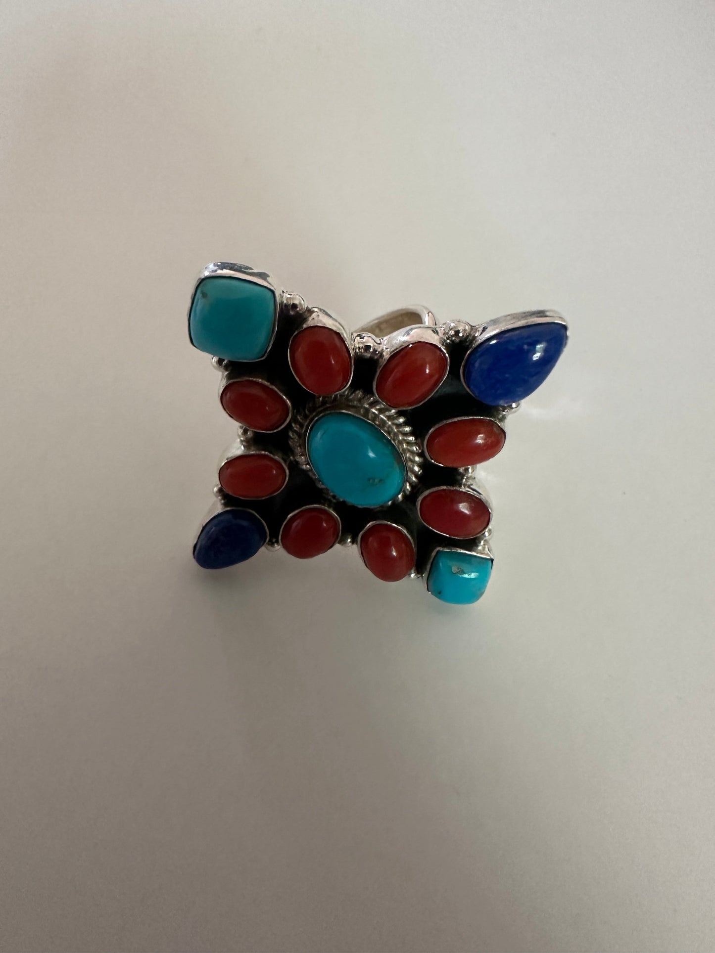 Beautiful Handmade Sterling Silver Lapis, Turquoise & Coral Adjustable Ring