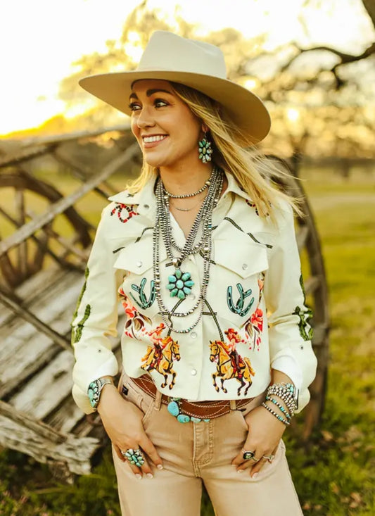 Beige Rodeo Cowgirl Cactus Oversize  Crop Shirt