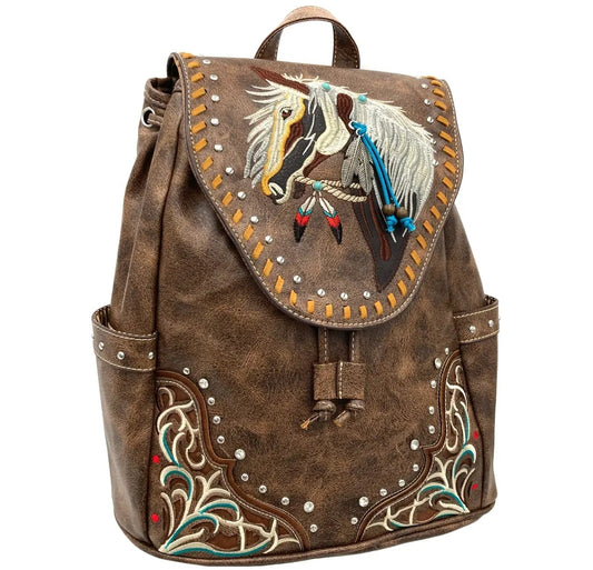 Women's Embroidered Horse Western Leather Backpack