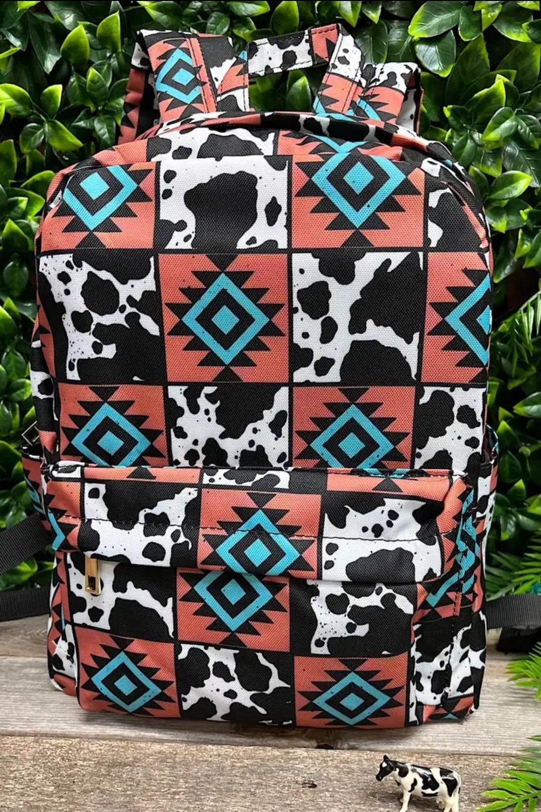 Western Cow & Multi Aztec Printed Small Kids Backpack