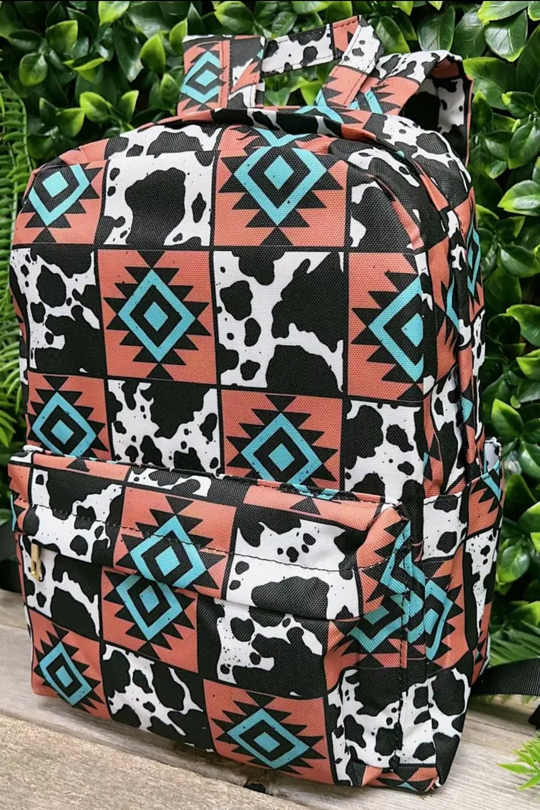 Western Cow & Multi Aztec Printed Small Kids Backpack