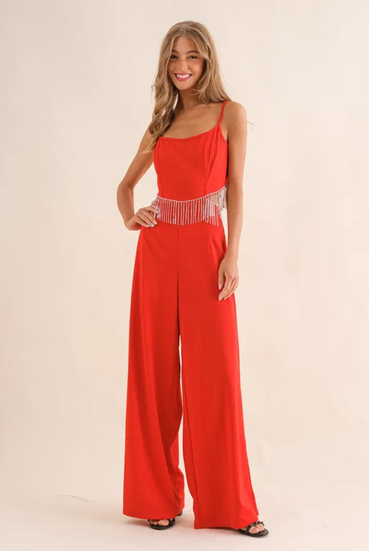 Rhinestone Fringe Cut Out Side Open Back Jumpsuit