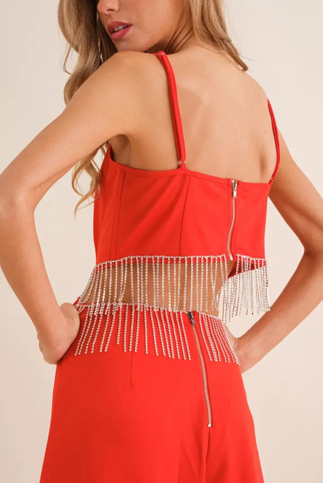 Rhinestone Fringe Cut Out Side Open Back Jumpsuit