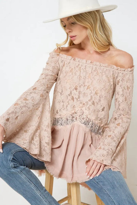 Off the Shoulder Lace Bell Sly Mix Flare Tunic Top