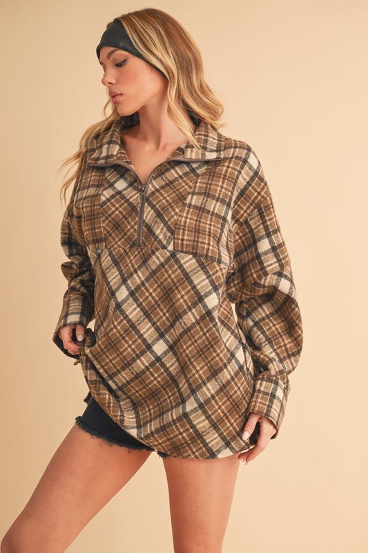 Aemi + Co Slit Plaid Half Zip Drop Shoulder Top - Pistols 'n Petticoats - #westernboutique# - #westernfashion#
