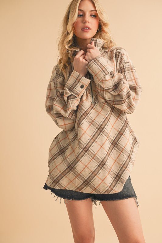 Aemi + Co Slit Plaid Half Zip Drop Shoulder Top - Pistols 'n Petticoats - #westernboutique# - #westernfashion#
