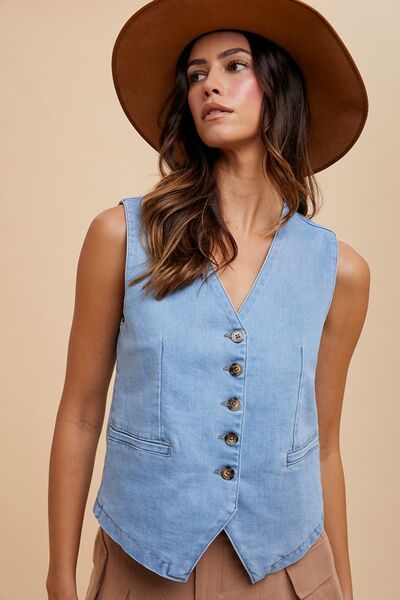 Annie Wear Button Down V - Neck Denim Vest - Pistols 'n Petticoats - #westernboutique# - #westernfashion#
