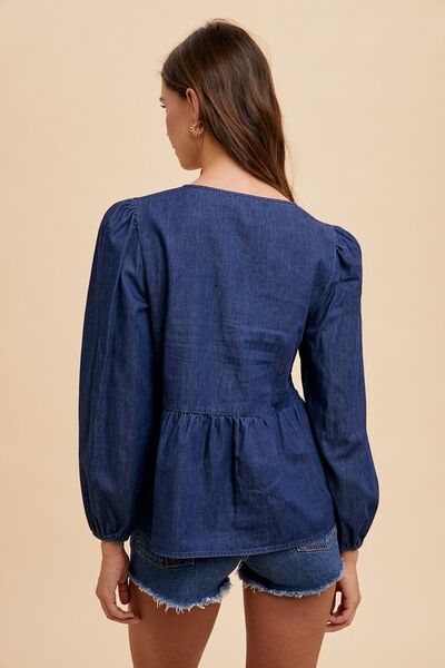 Annie Wear Tie Front Peplum Long Sleeve Denim Top - Pistols 'n Petticoats - #westernboutique# - #westernfashion#