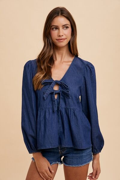 Annie Wear Tie Front Peplum Long Sleeve Denim Top - Pistols 'n Petticoats - #westernboutique# - #westernfashion#