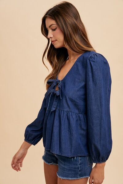 Annie Wear Tie Front Peplum Long Sleeve Denim Top - Pistols 'n Petticoats - #westernboutique# - #westernfashion#