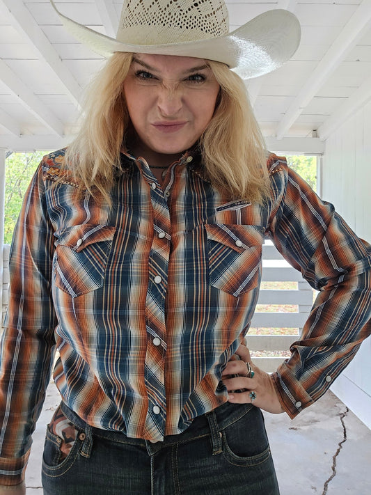Blue and Orange Pearl Snap - Pistols 'n Petticoats - #westernboutique# - #westernfashion#