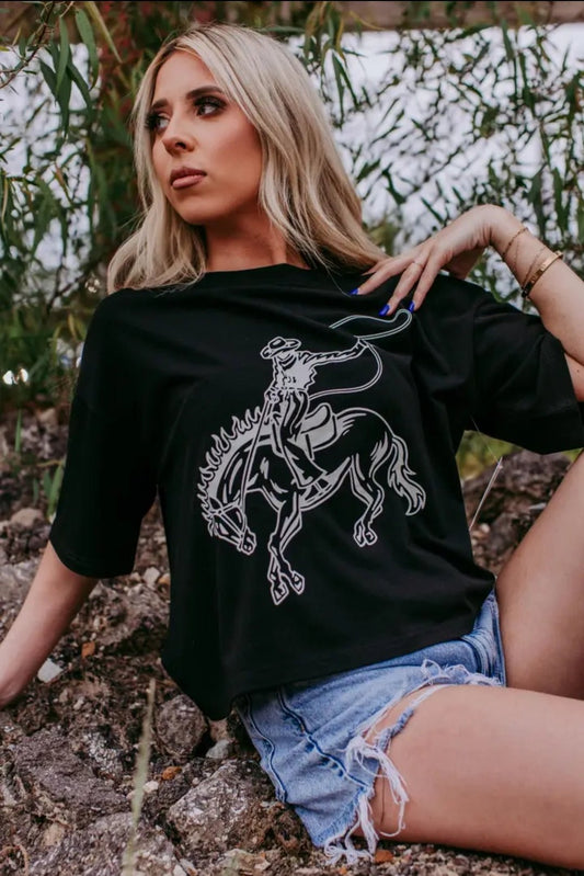 Bronco Ss Crop Tee - Black - Pistols 'n Petticoats - #westernboutique# - #westernfashion#