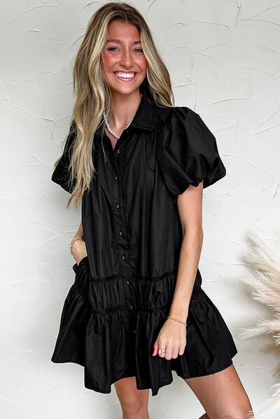 Button Down Puff Sleeve Black Mini Dress - Pistols 'n Petticoats - #westernboutique# - #westernfashion#