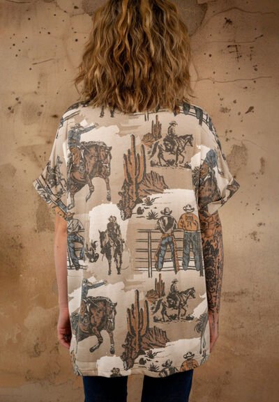 Cowboy Print Round Neck Short Sleeve T Shirt - Pistols 'n Petticoats - #westernboutique# - #westernfashion#
