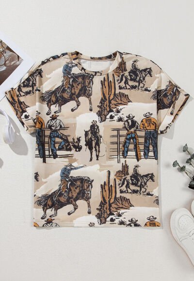 Cowboy Print Round Neck Short Sleeve T Shirt - Pistols 'n Petticoats - #westernboutique# - #westernfashion#