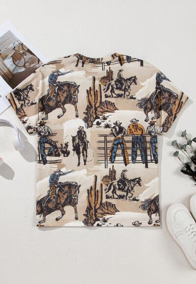 Cowboy Print Round Neck Short Sleeve T Shirt - Pistols 'n Petticoats - #westernboutique# - #westernfashion#