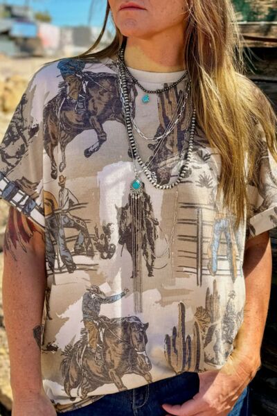 Cowboy Print Round Neck Short Sleeve T Shirt - Pistols 'n Petticoats - #westernboutique# - #westernfashion#