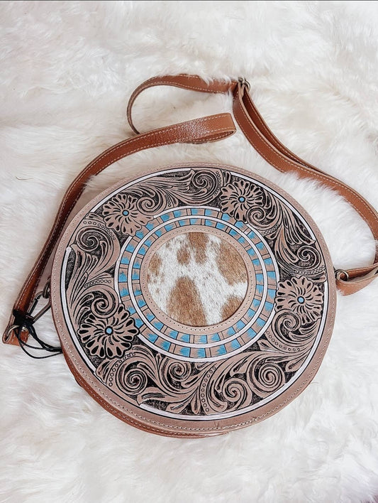 Cowhide Round Tooled Leather Crossbody Purse - western cross body bag - Pistols 'n Petticoats - #westernboutique# - #westernfashion#