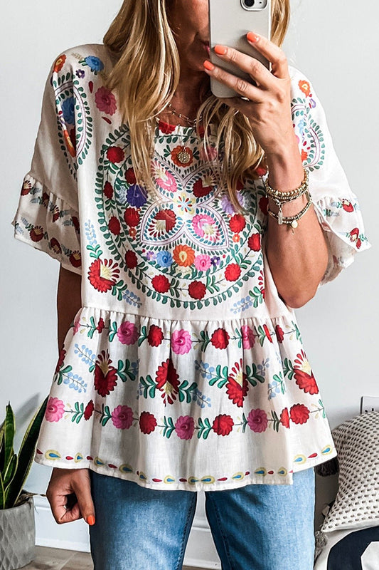 Floral Print Round Neck Ruffle Trim Blouse - Pistols 'n Petticoats - #westernboutique# - #westernfashion#