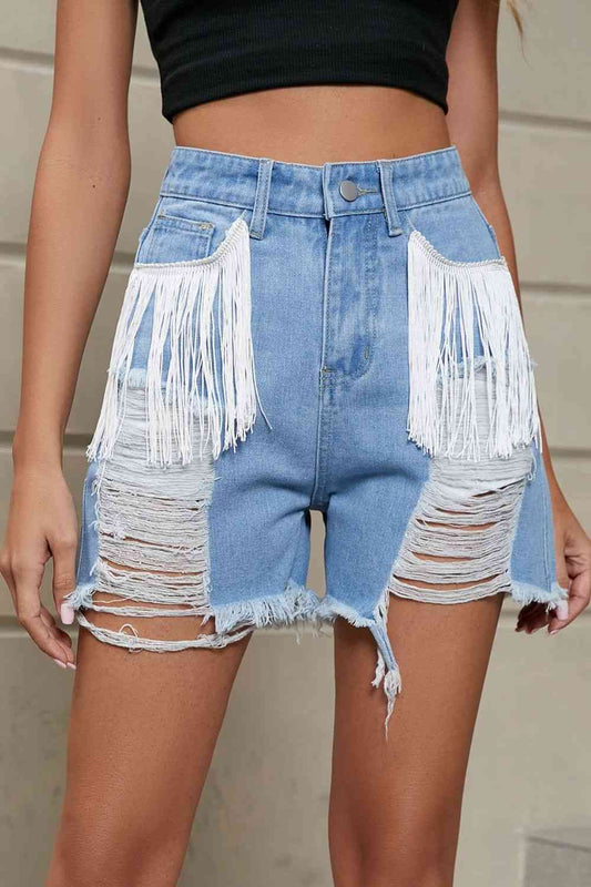 Fringe Trim Distressed Denim Shorts with Pockets - Pistols 'n Petticoats - #westernboutique# - #westernfashion#