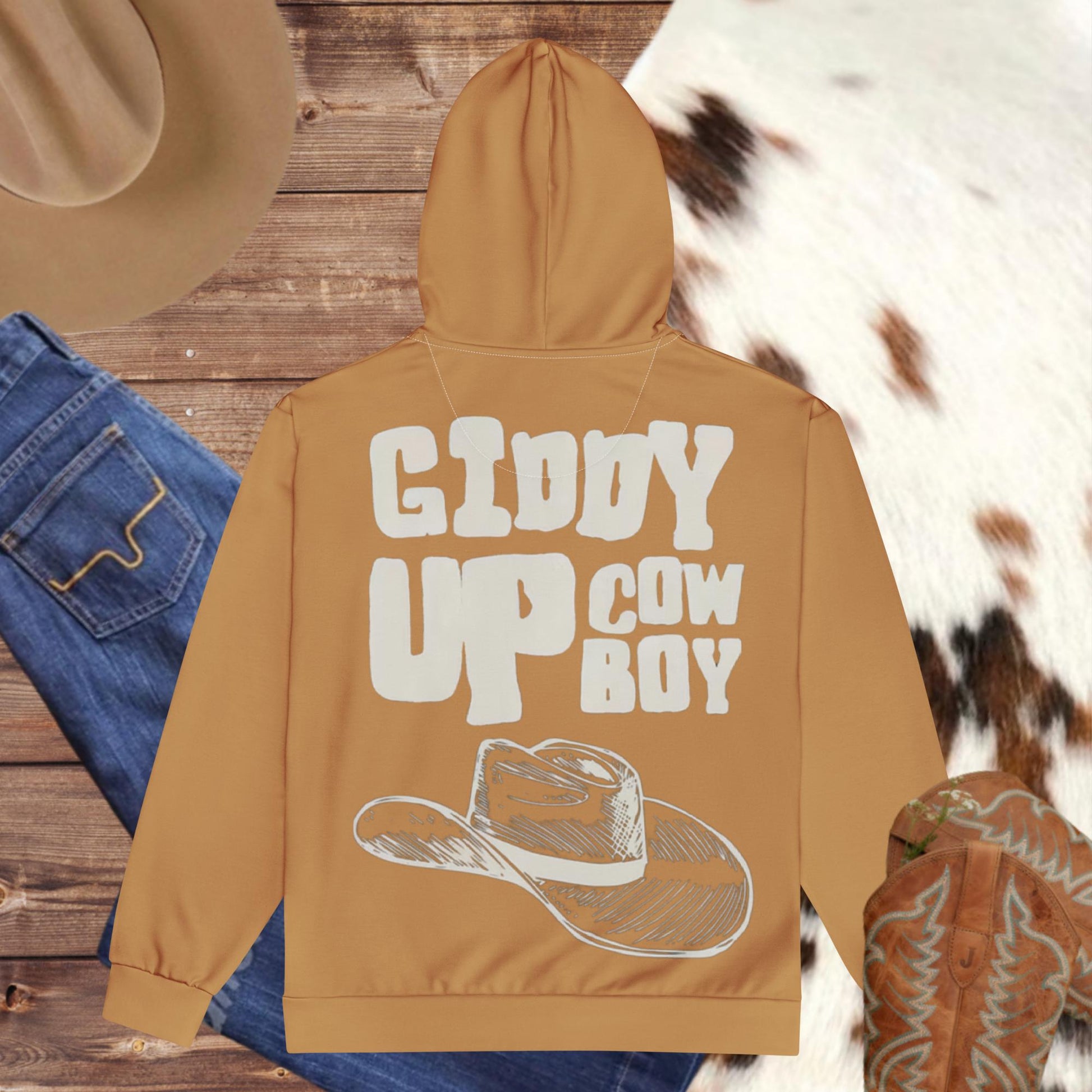 giddy up cowboy hoodie, western zip up hoodie, unisex western hoodie, recycled polyester hoodie, cowgirl graphic zip hoodie, womens cowboy zip hoodie, sustainable western outerwear