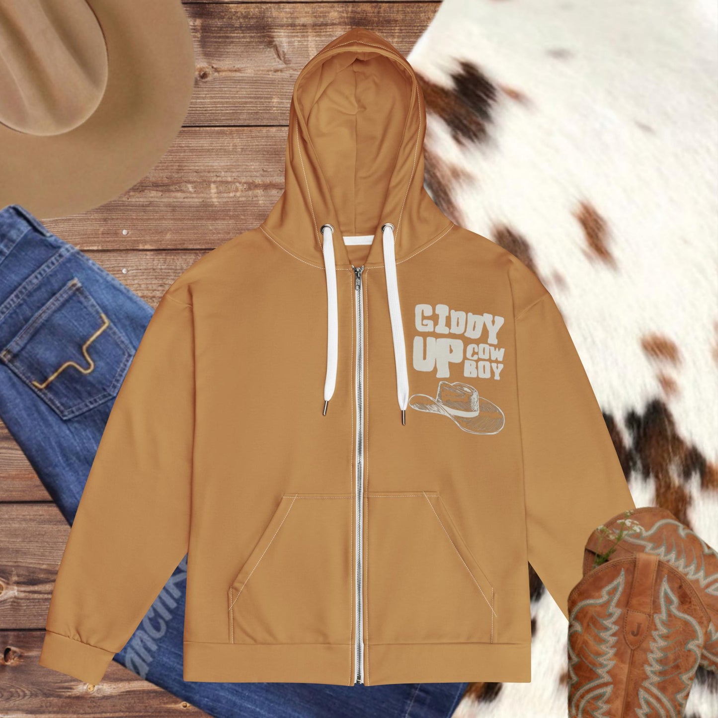 giddy up cowboy hoodie, western zip up hoodie, unisex western hoodie, recycled polyester hoodie, cowgirl graphic zip hoodie, womens cowboy zip hoodie, sustainable western outerwear