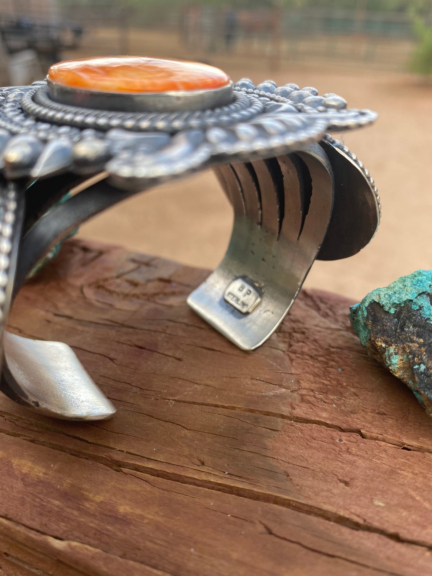 Beautiful Navajo Orange Spiny & Sterling Silver Cuff Bracelet Signed