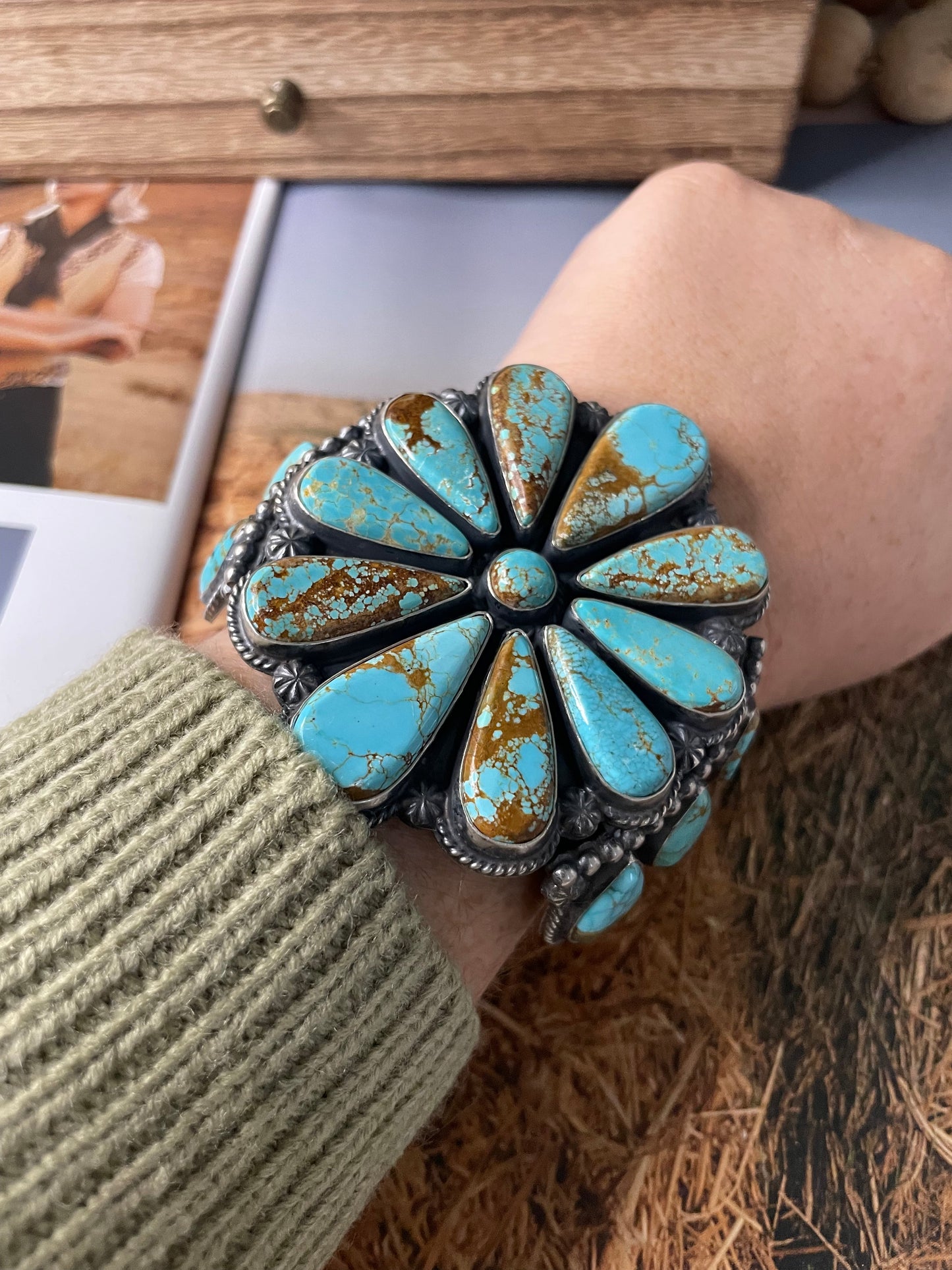 Anthony Skeets Navajo Flower Turquoise & Sterling Silver Cuff Bracelet Signed